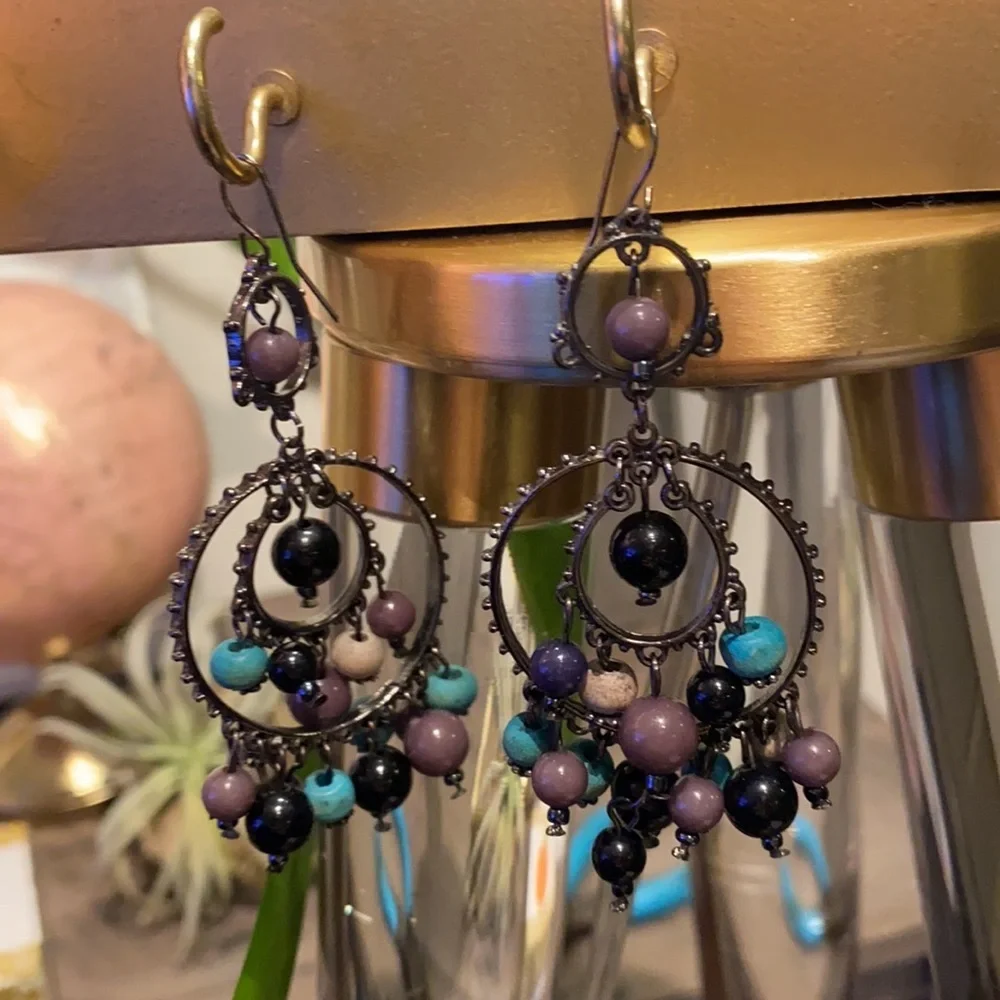 Black turquoise taupe gray dangle earrings 2.75”​